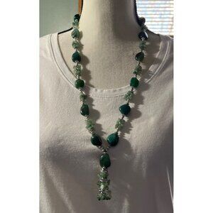 Green Serpentine Bead And Chip Tassel Necklace -- 26"